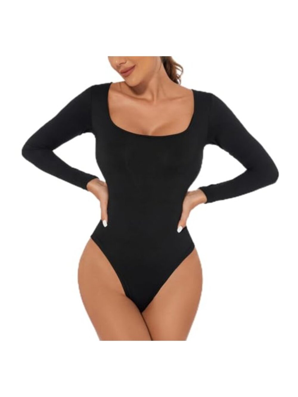 Square Neck Long Sleeve Bodysuit Fitted Basic Leotard Going Out Top